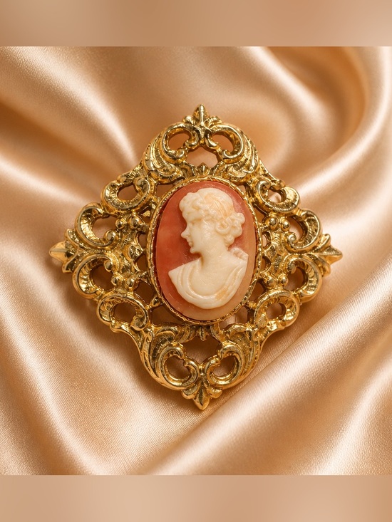 Jewelry - Vintage Gold tone Cameo Brooch with Coral and Cream Cameo
